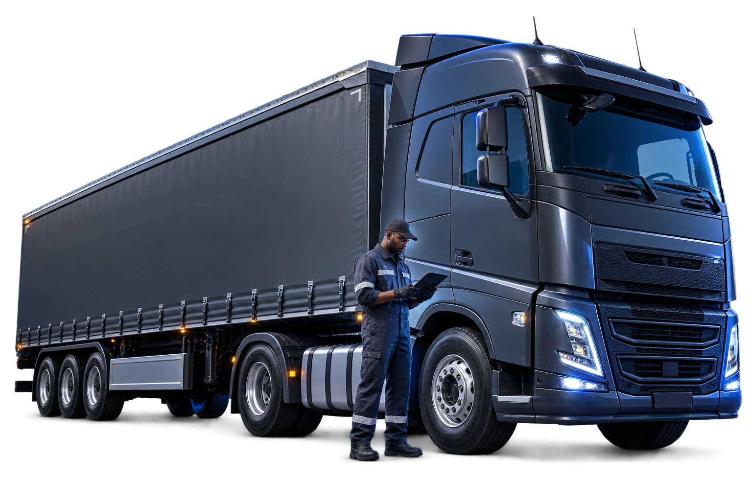 Technician carrying out diagnostics beside a commercial truck